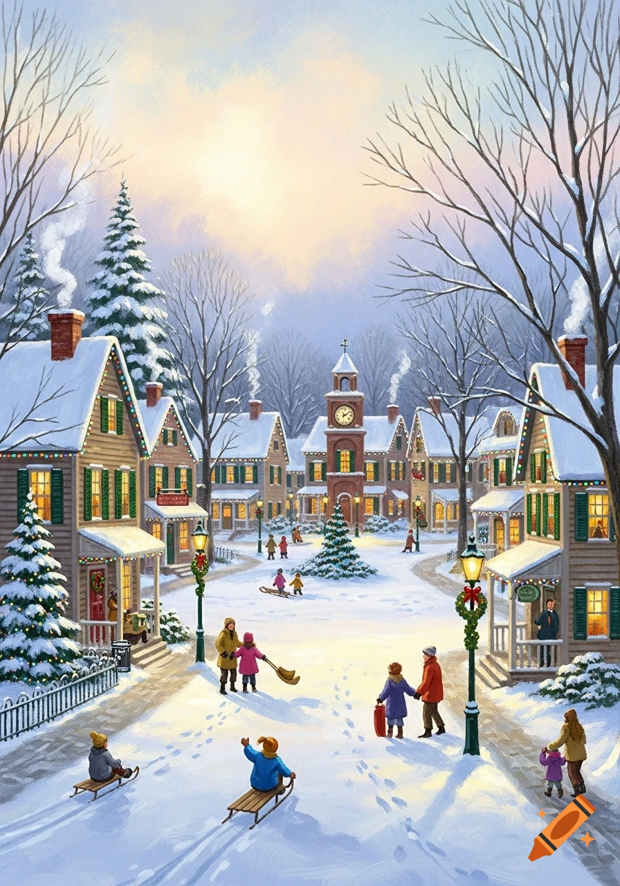A charming snowy small town illustration with festive houses, a clock tower, and people enjoying winter activities like sledding.