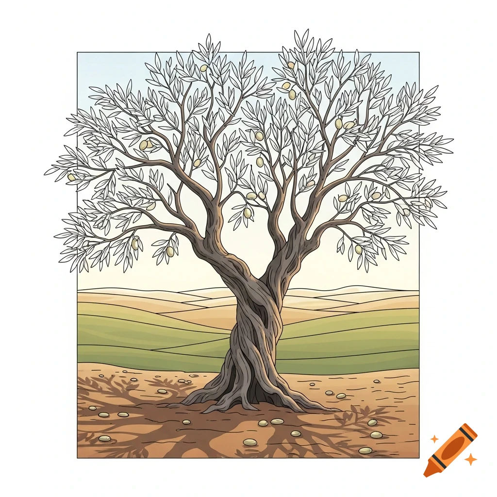 Minimalist coloring book illustration of an olive tree with olives on the ground and a field.
