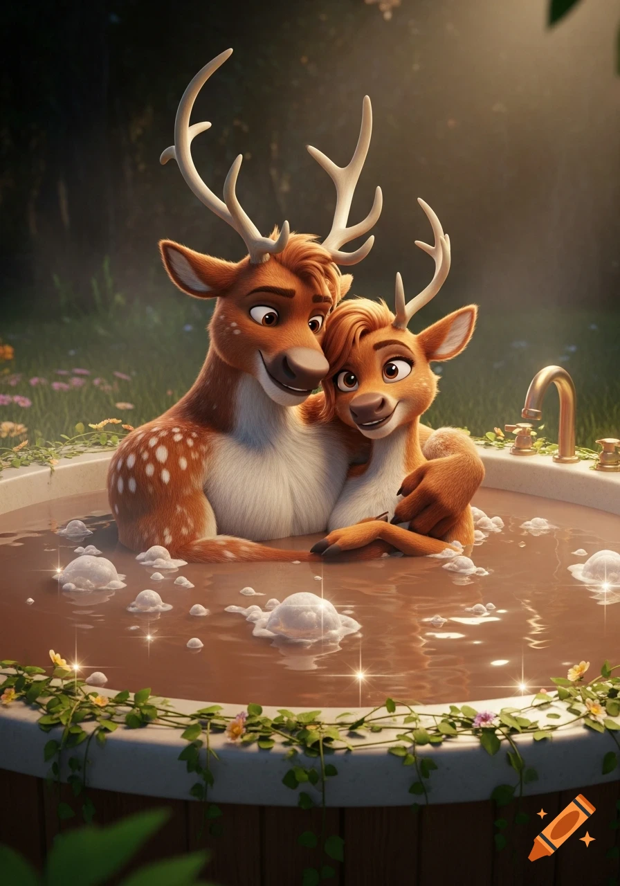 A cartoon male and female deer cuddle in a muddy outdoor hot tub surrounded by flowers in a 3D animation style.