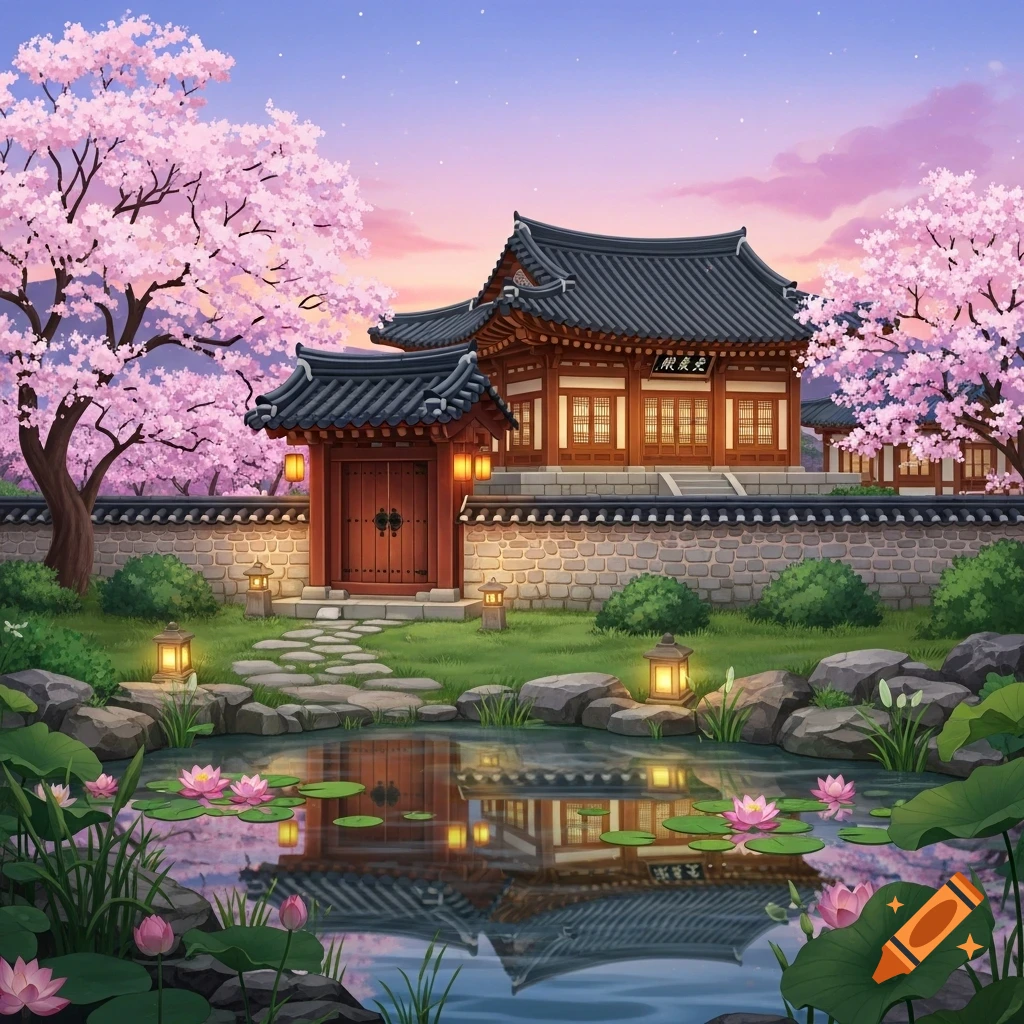 A traditional Korean Hanok building with cherry blossoms and a pond reflects the sunset sky.