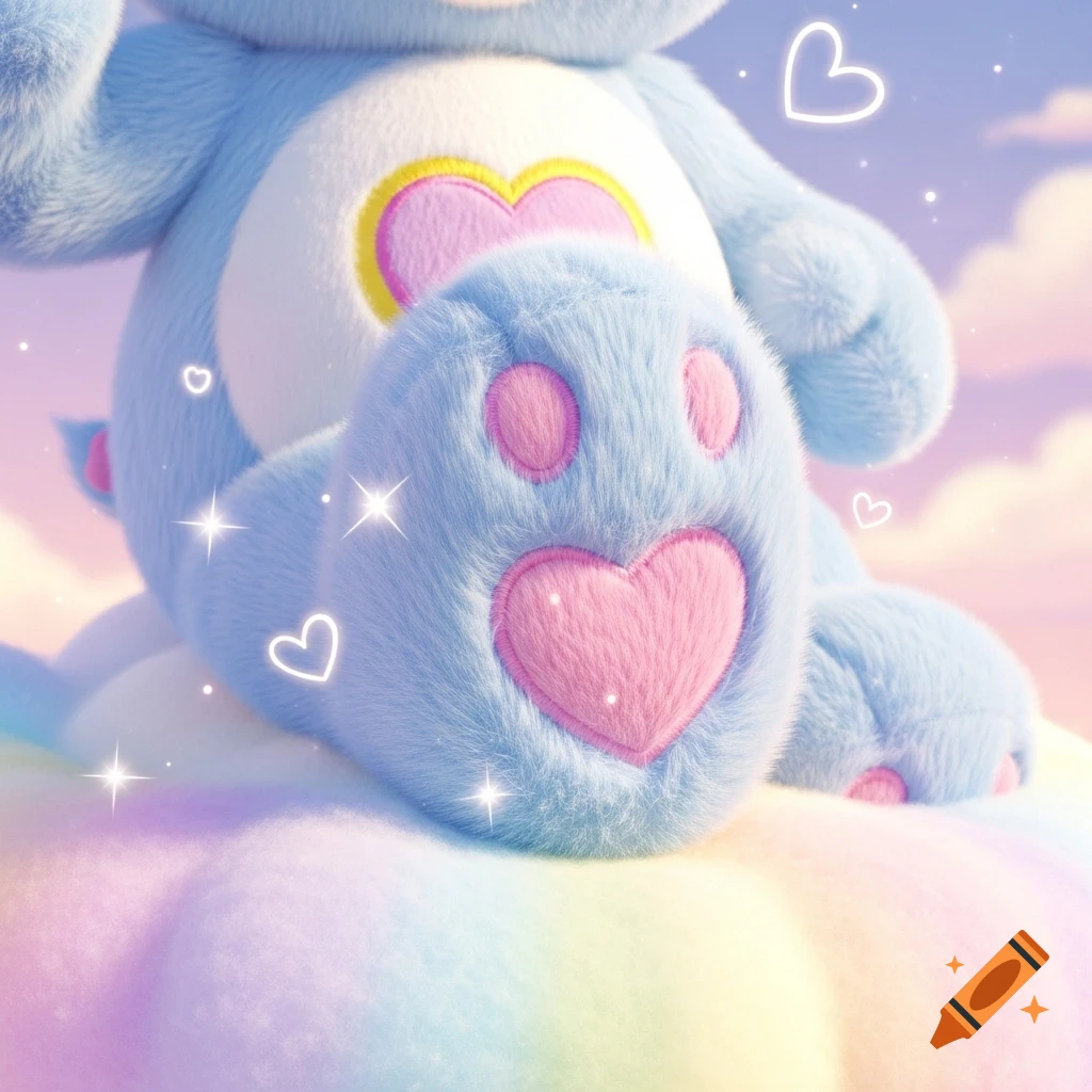 Closeup of a fluffy blue teddy bear's foot with pink paw pads, sitting on a rainbow cloud, with sparkling effects and floating hearts.