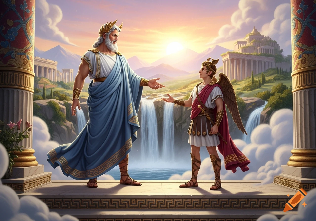 Zeus, a bearded man in blue robes and a gold wreath, extends his hand to winged Hermes in a classical landscape with waterfalls and temples at sunset.