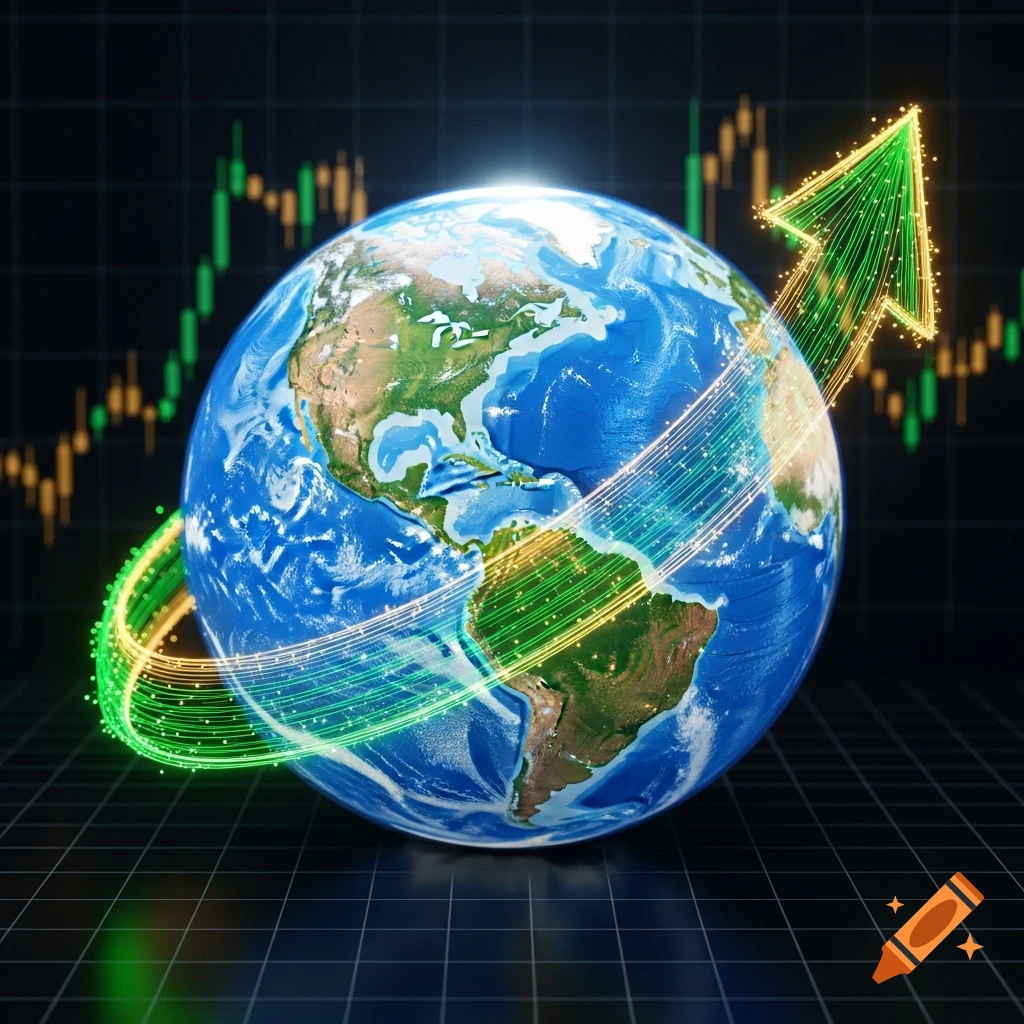 A globe with glowing green and yellow lines forming an arrow against a background of stock market charts, symbolizing global growth.