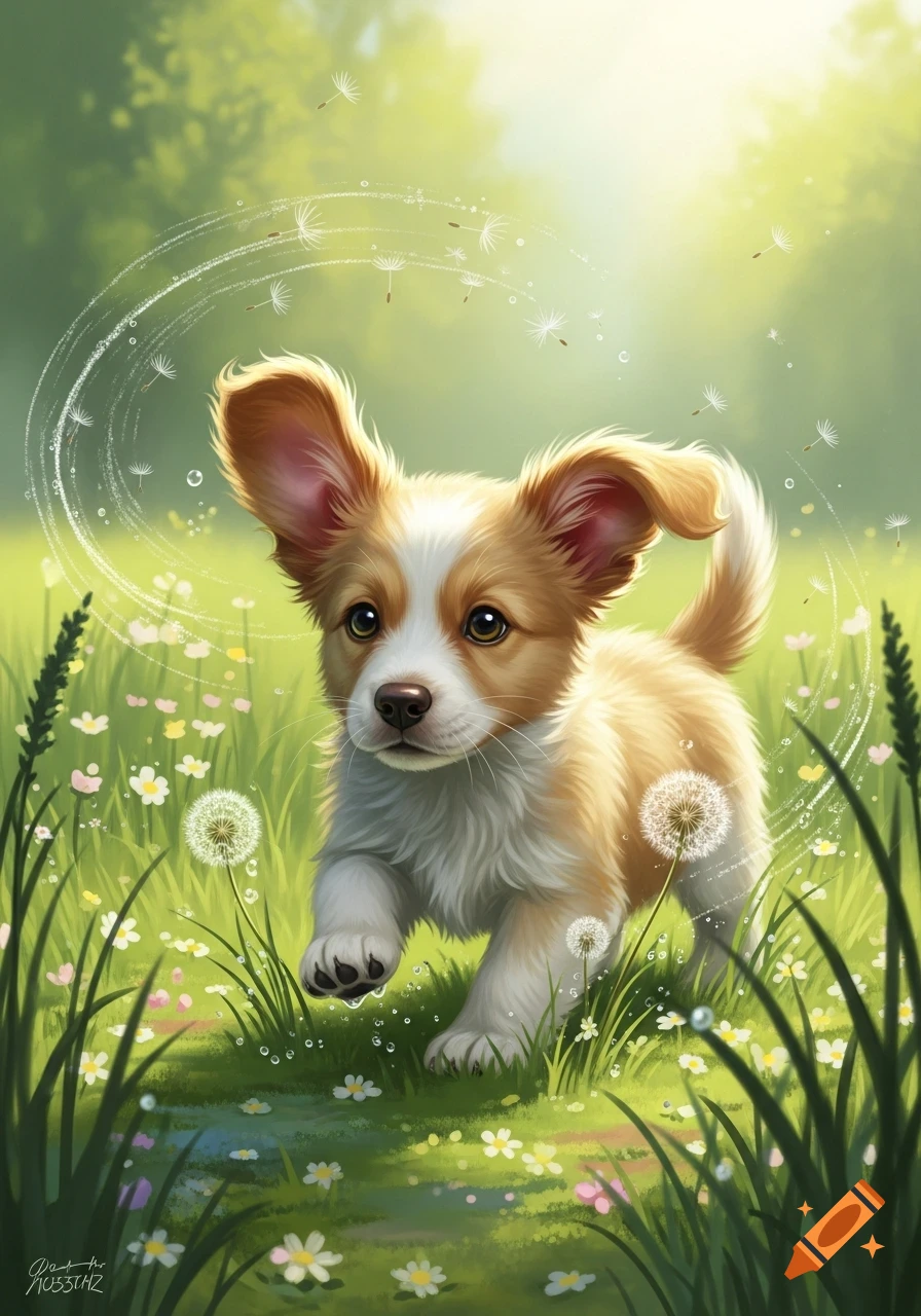 An adorable puppy with floppy ears runs through a sunlit green field with dandelions and wildflowers.