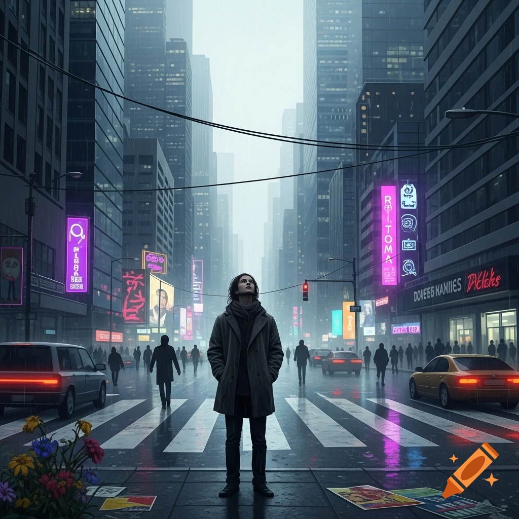 A lone person stands in the middle of a rain-slicked city street, looking up at tall buildings and neon signs.
