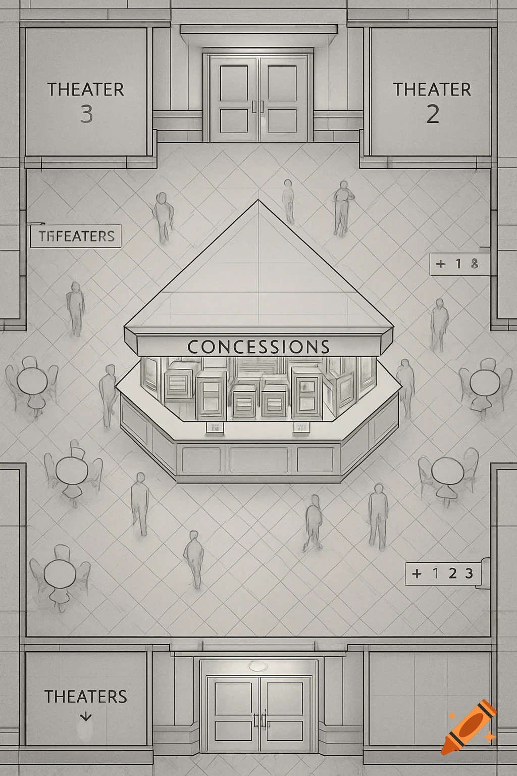 Top-down blueprint sketch of a movie theater lobby with a central hexagonal concessions stand and three theater entrances.