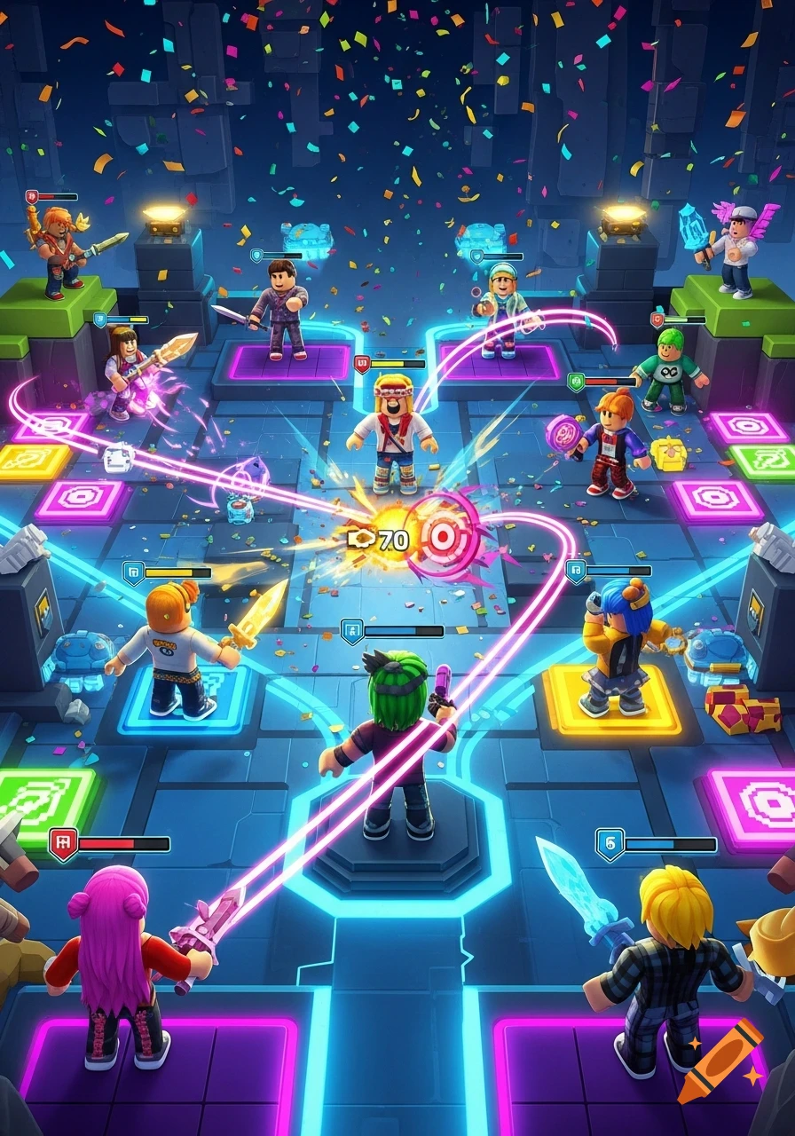 Colorful, isometric Roblox-style battle scene with blocky characters fighting in an arena with glowing paths and confetti.