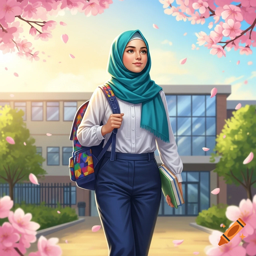 A Muslim teenage girl in a teal hijab and white shirt walks towards a school building, carrying a colorful backpack and books, under falling pink cherry blossoms.