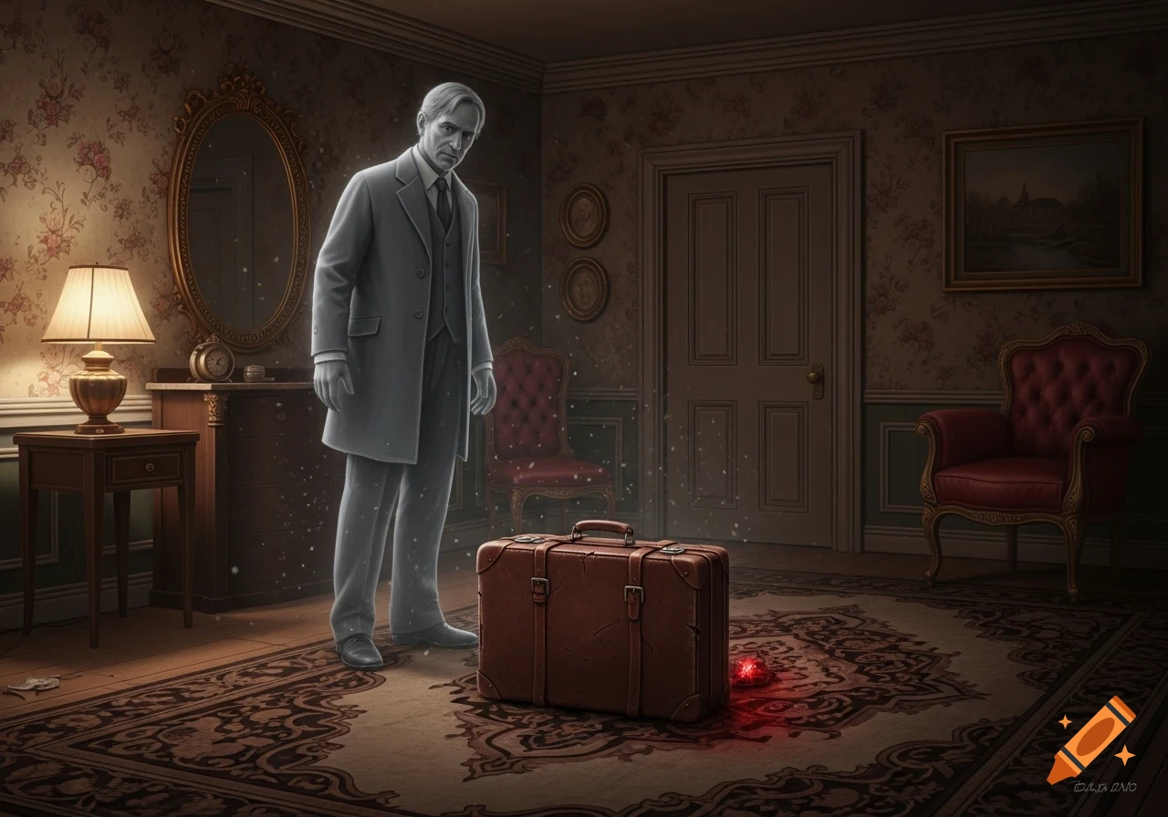 A ghostly man in an old suit stands over a brown suitcase with a red glowing object on an ornate rug in a dimly lit, vintage hotel room.