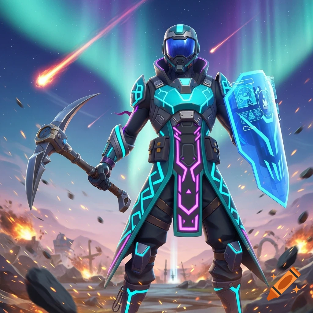 A futuristic armored character with neon accents, holding a pickaxe and a glowing blue shield, stands in a battle-scarred landscape under an aurora and meteors.