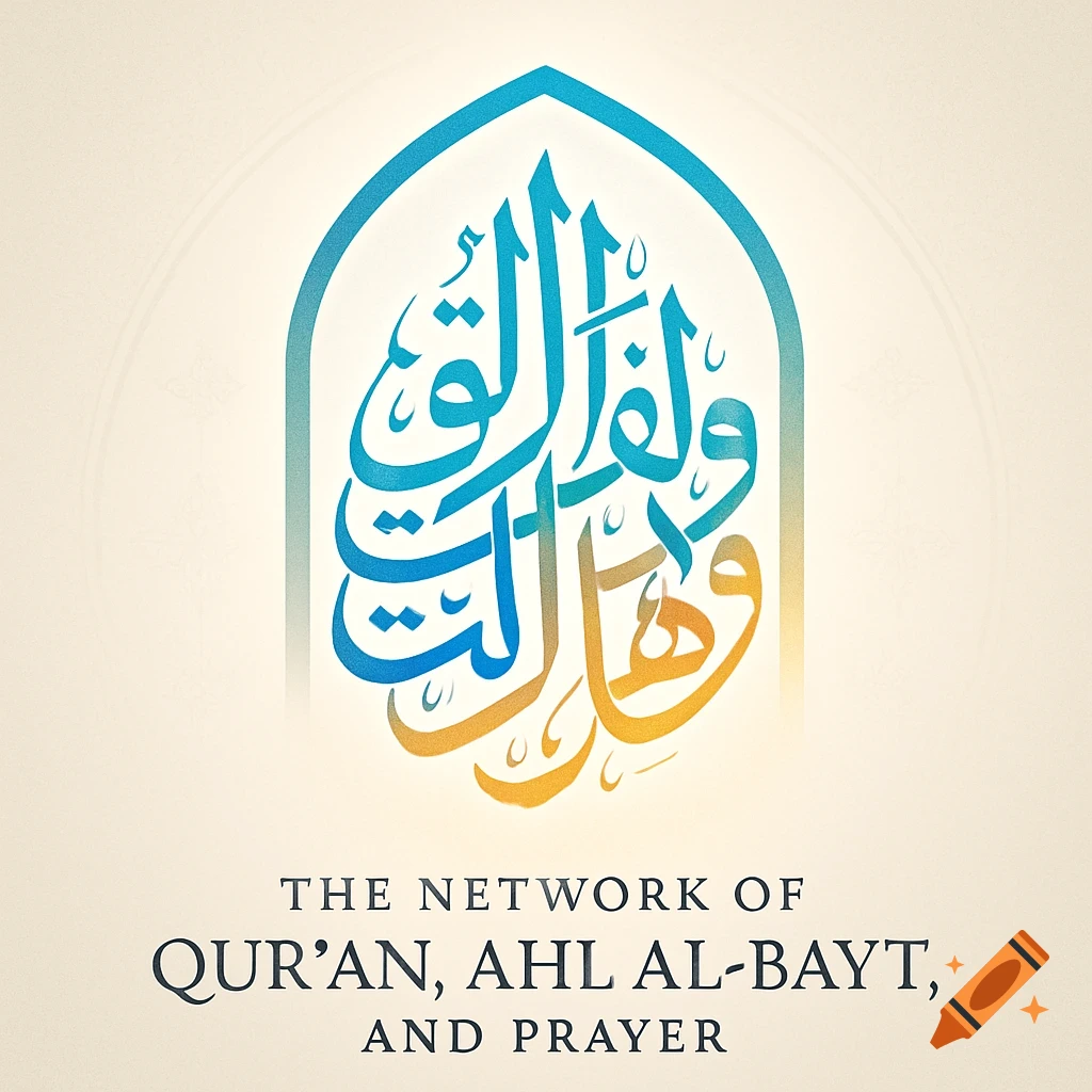 Islamic calligraphy design in blue and orange, framed by an arch, with English text 'The Network of Qur'an, Ahl al-Bayt, and Prayer' below on a beige background.