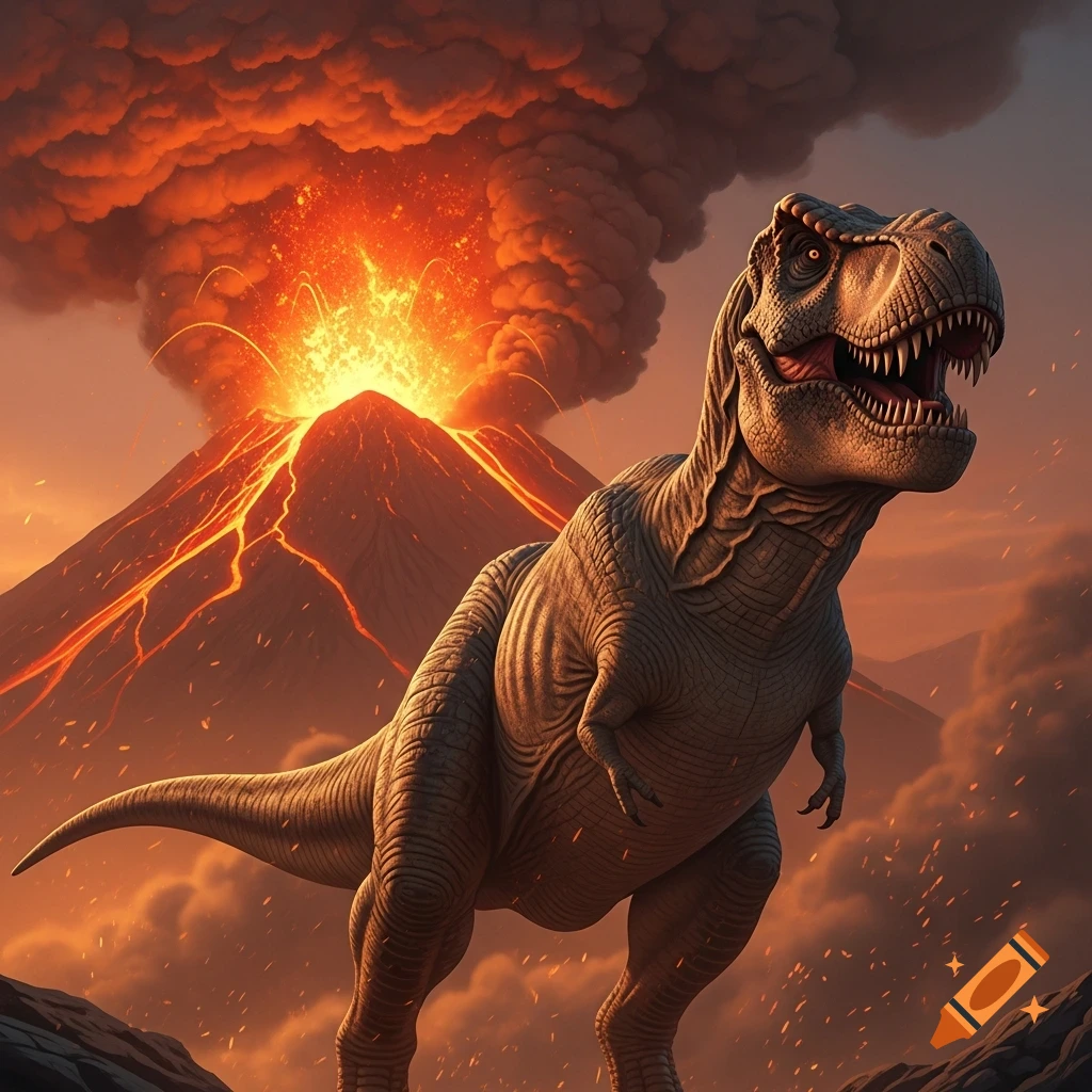 A powerful Tyrannosaurus Rex stands defiantly in front of an erupting volcano, spewing lava and smoke.
