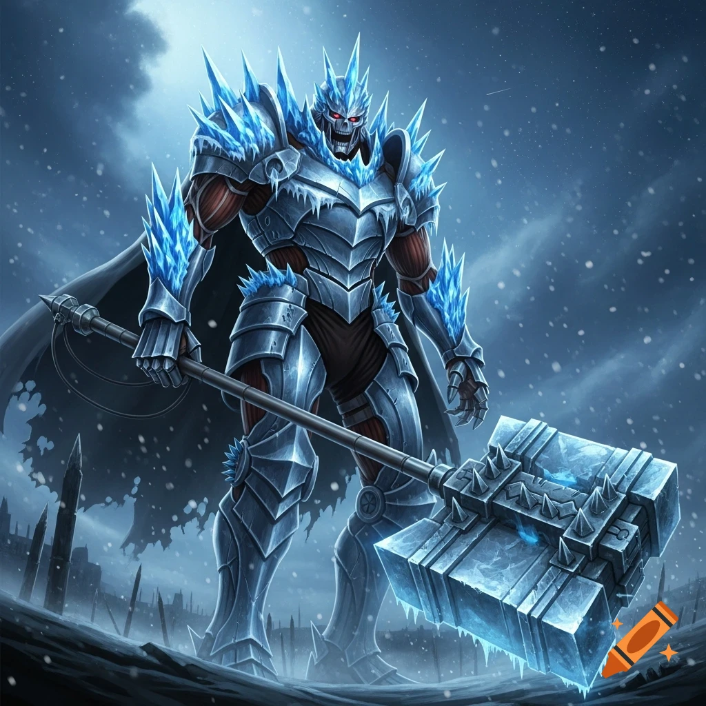A skeletal warrior in spiky ice armor holds a massive, spiked ice hammer in a snowy, dark setting. Detailed fantasy illustration.