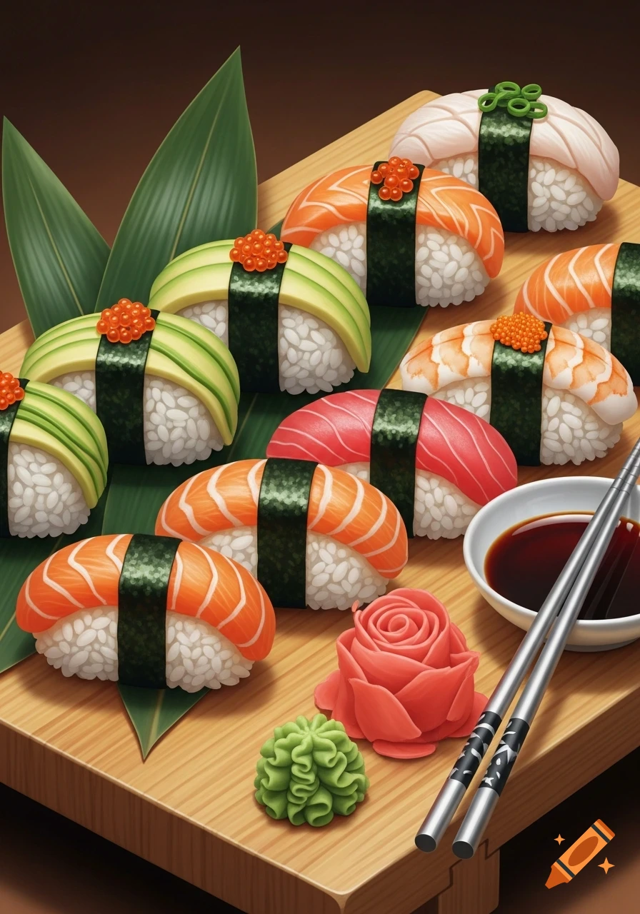 Assortment of nigiri sushi with salmon, tuna, avocado, and shrimp on a wooden board, alongside soy sauce, wasabi, and pickled ginger.