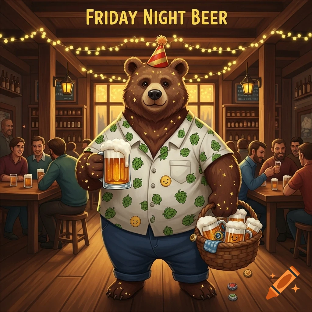 A cartoon bear in a party hat and hop-shirt holds a beer and a basket of beers in a pub with the text "FRIDAY NIGHT BEER".