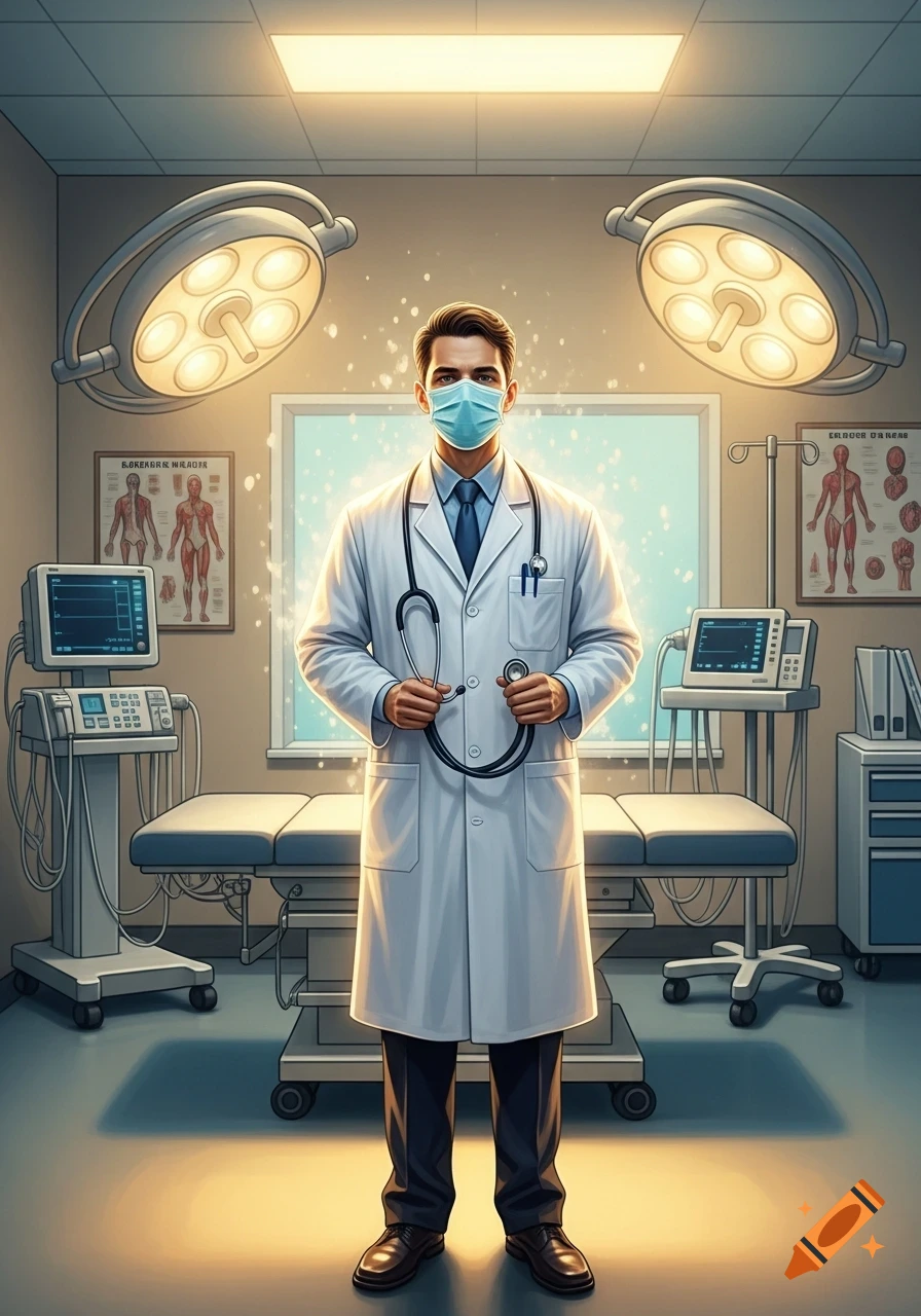 A masked doctor in a white lab coat stands in a bright operating room, holding a stethoscope, surrounded by medical equipment.