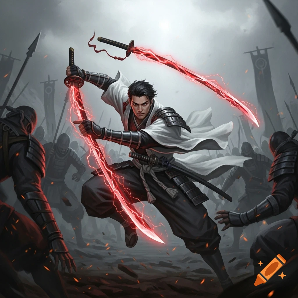 A dynamic fantasy illustration of a samurai warrior wielding two glowing red katana swords, fighting an army of shadowy figures.