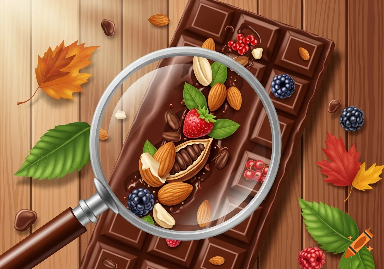 Illustration of a magnifying glass over a chocolate bar with almonds, berries, and a strawberry, on a wooden surface with leaves.