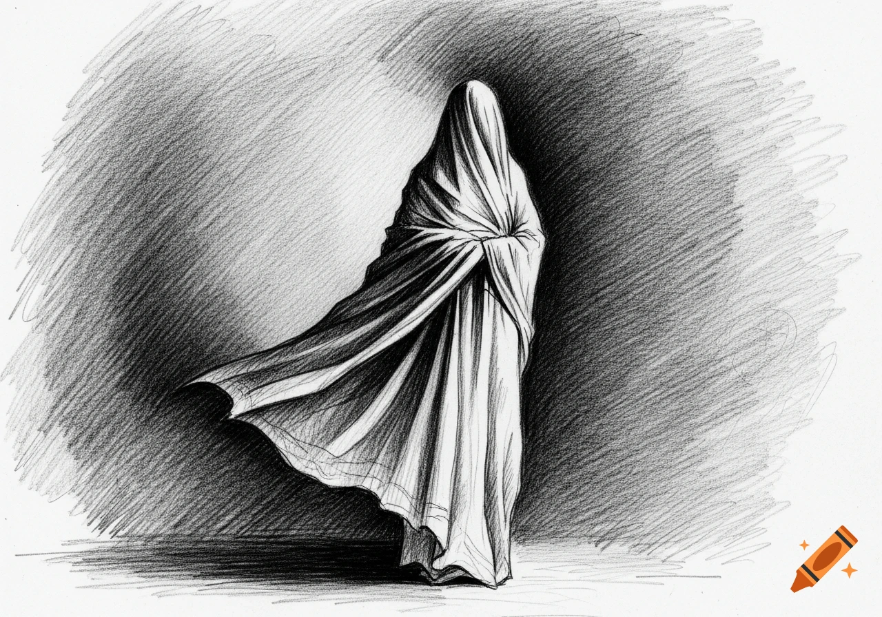 A black and white pencil sketch of a figure completely shrouded in flowing cloth, standing against a dark, textured background.