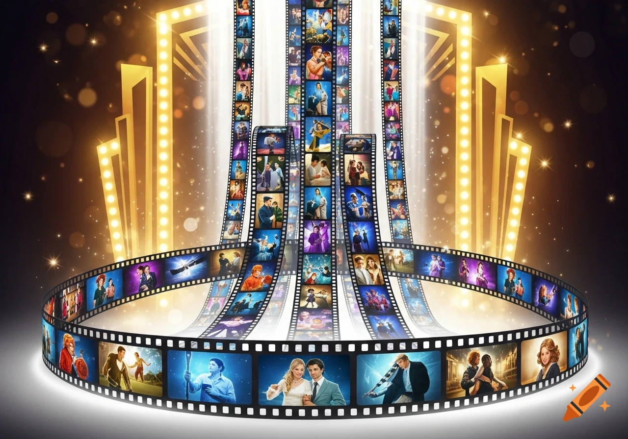 Multiple film strips winding and rising, filled with diverse movie scenes, set against a sparkling dark background with golden award-like structures.