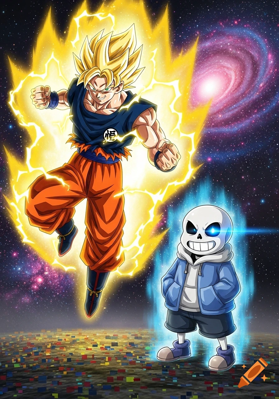 Super Saiyan Goku with yellow aura stands left, and Sans from Undertale with blue aura stands right, on a pixelated ground in space.