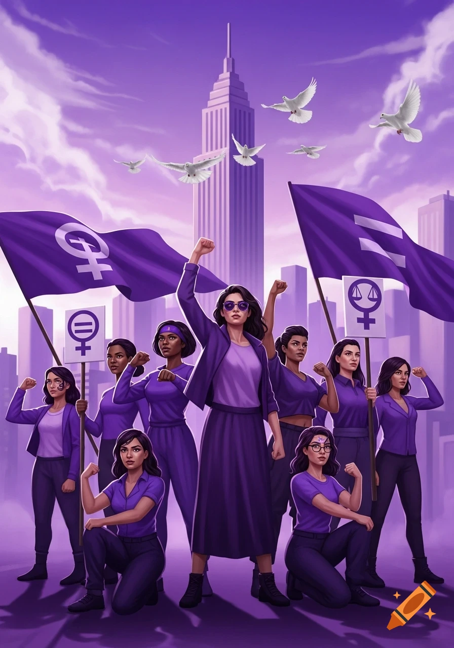 An illustration of diverse women in purple, raising fists and holding feminist flags and signs in a city, with doves flying.