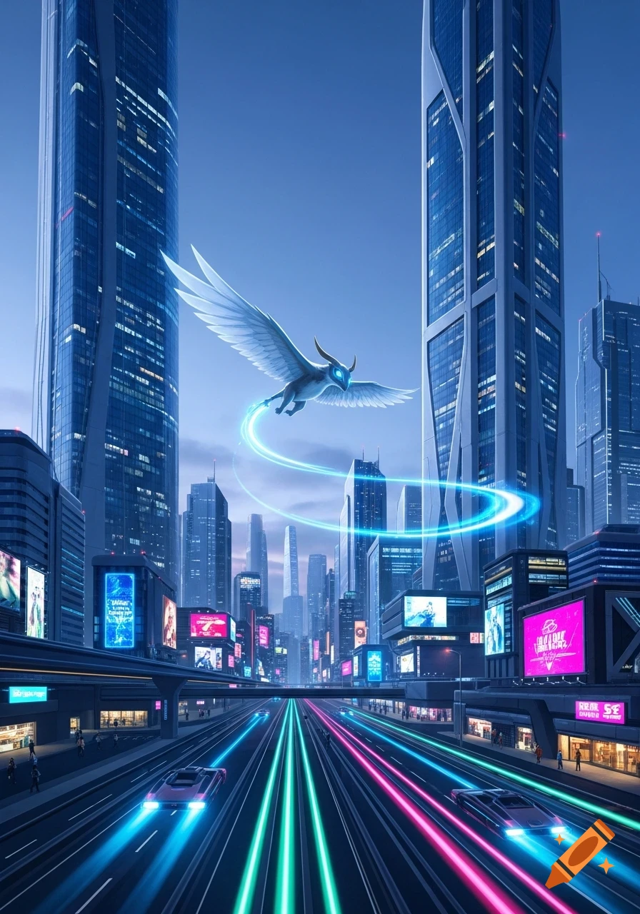 A futuristic city with towering skyscrapers and neon-lit streets, as a glowing white mythical creature with large wings flies above, leaving a light trail.
