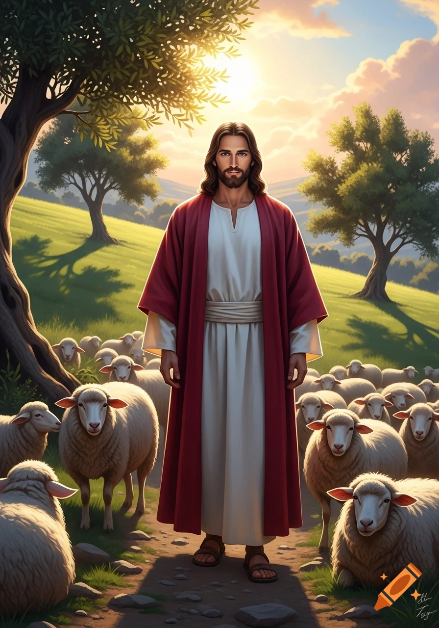 Jesus, wearing a red robe, stands among a flock of sheep on a sunny, green hillside with trees under a bright sky, digital art.