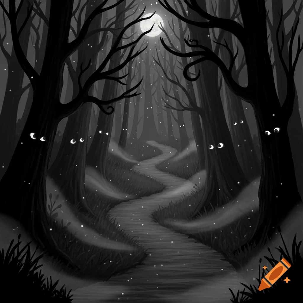 A dark, spooky forest path winding under a full moon, with glowing eyes peering from the shadowy trees, in a children's book illustration style.