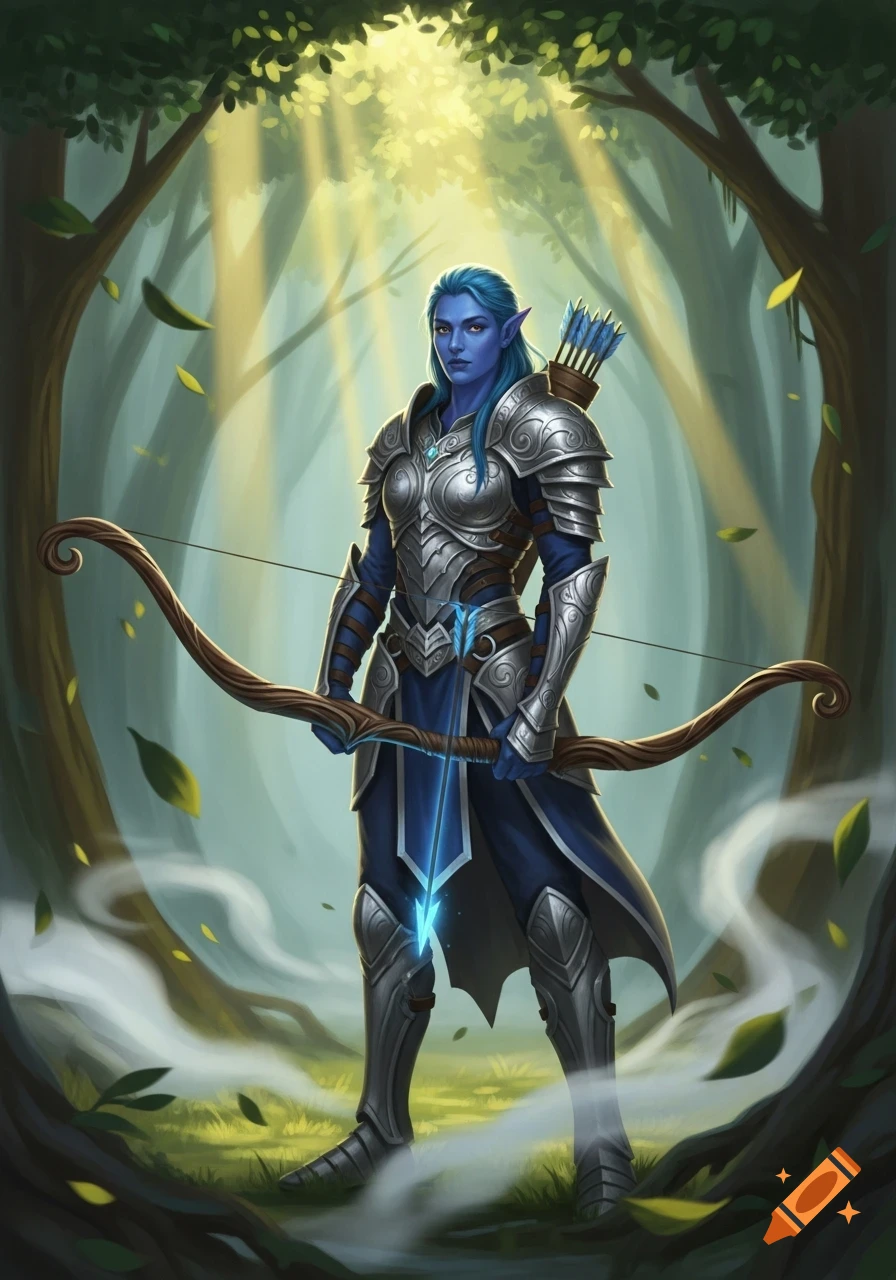 A blue-skinned elf archer in ornate silver armor stands in a sun-dappled forest, holding a glowing blue bow.