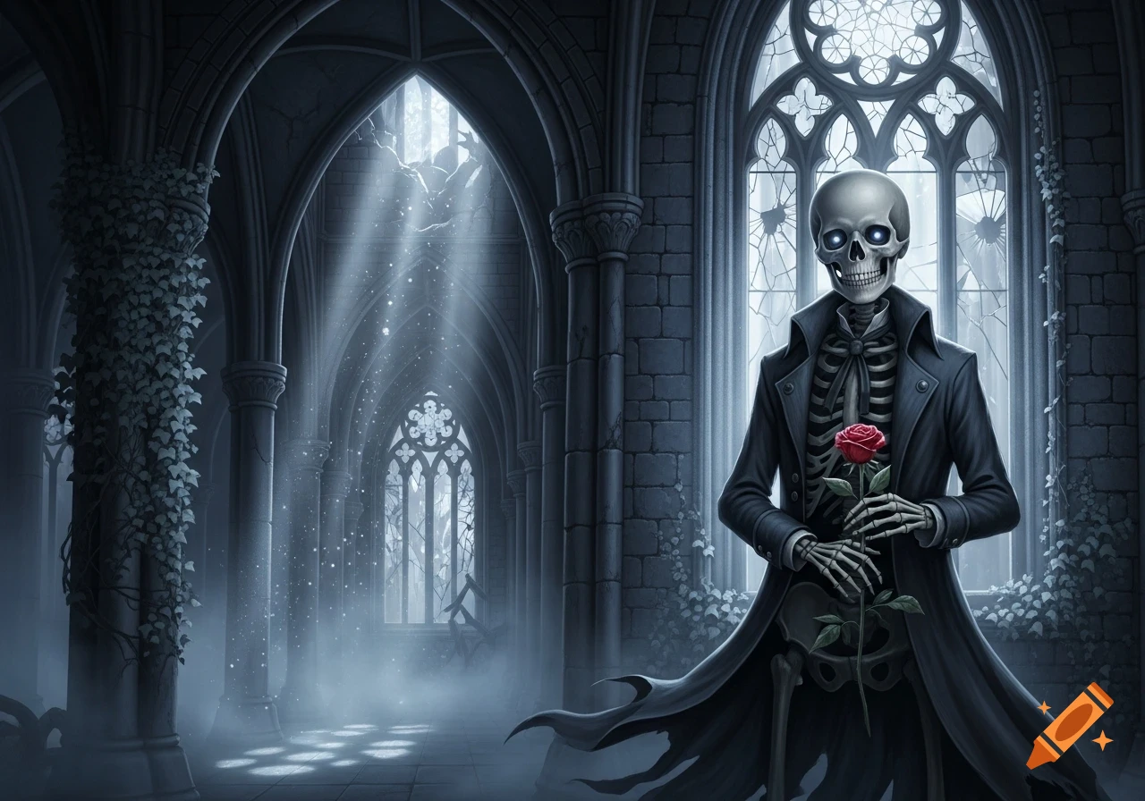 A skeleton in a black coat with glowing blue eyes holds a red rose in a misty gothic cathedral.
