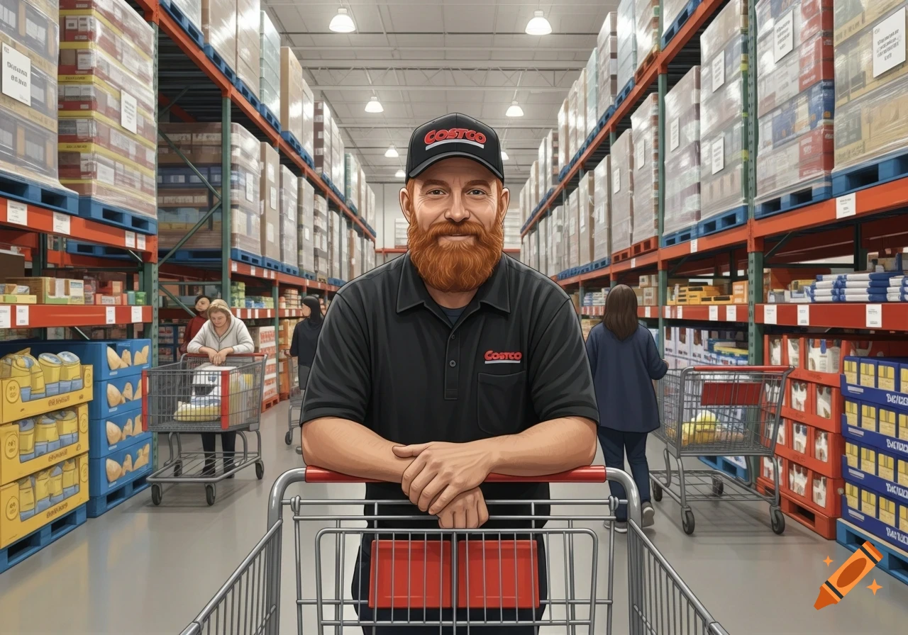 A smiling man with a red beard and a black Costco uniform leans on a shopping cart in a large warehouse store aisle.