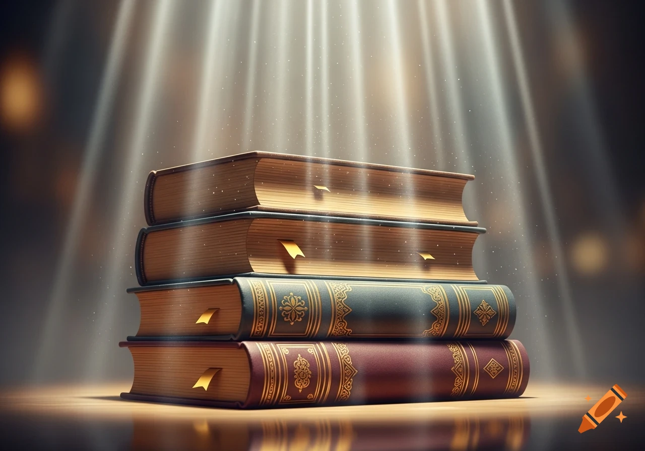 A stack of four old books with ornate covers and golden bookmarks, bathed in bright, ethereal shafts of light filtering from above.