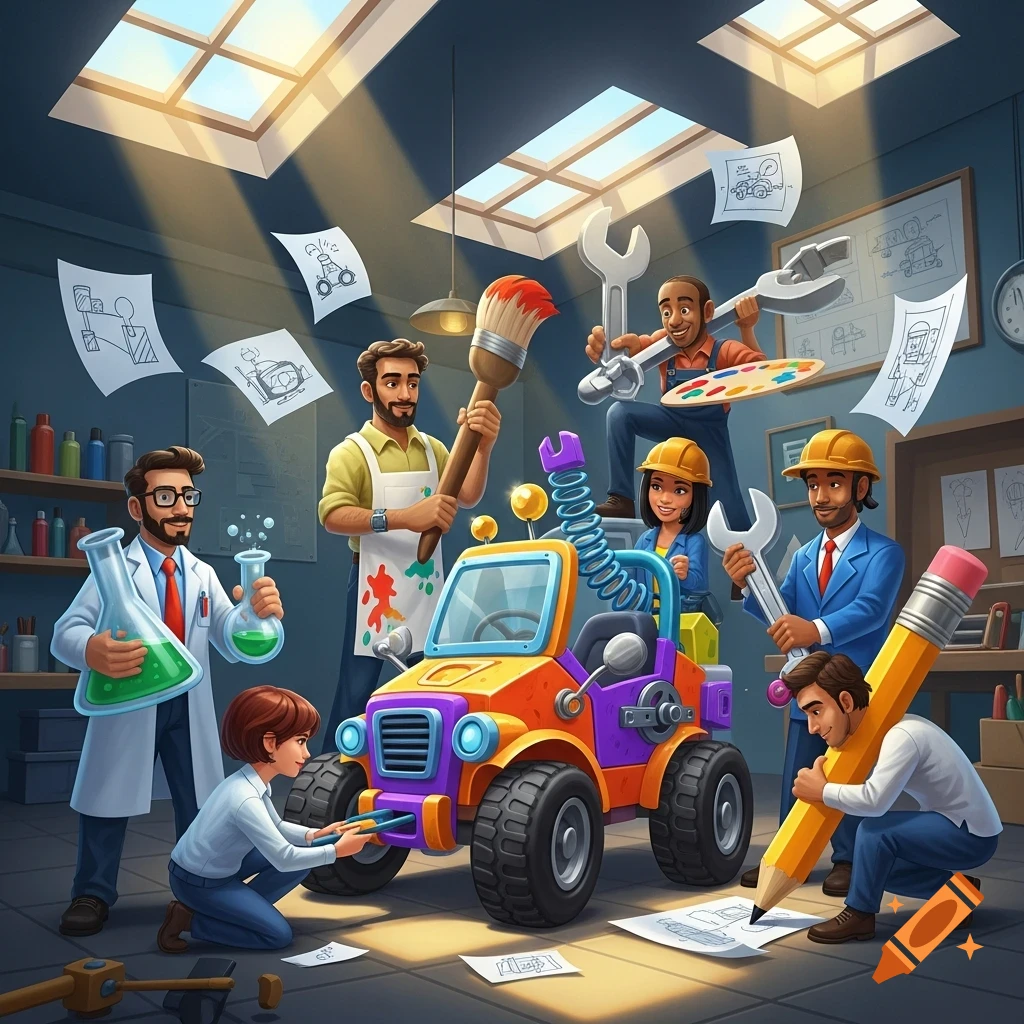 A diverse team of cartoon-style professionals collaborating on building a colorful prototype car in a workshop.