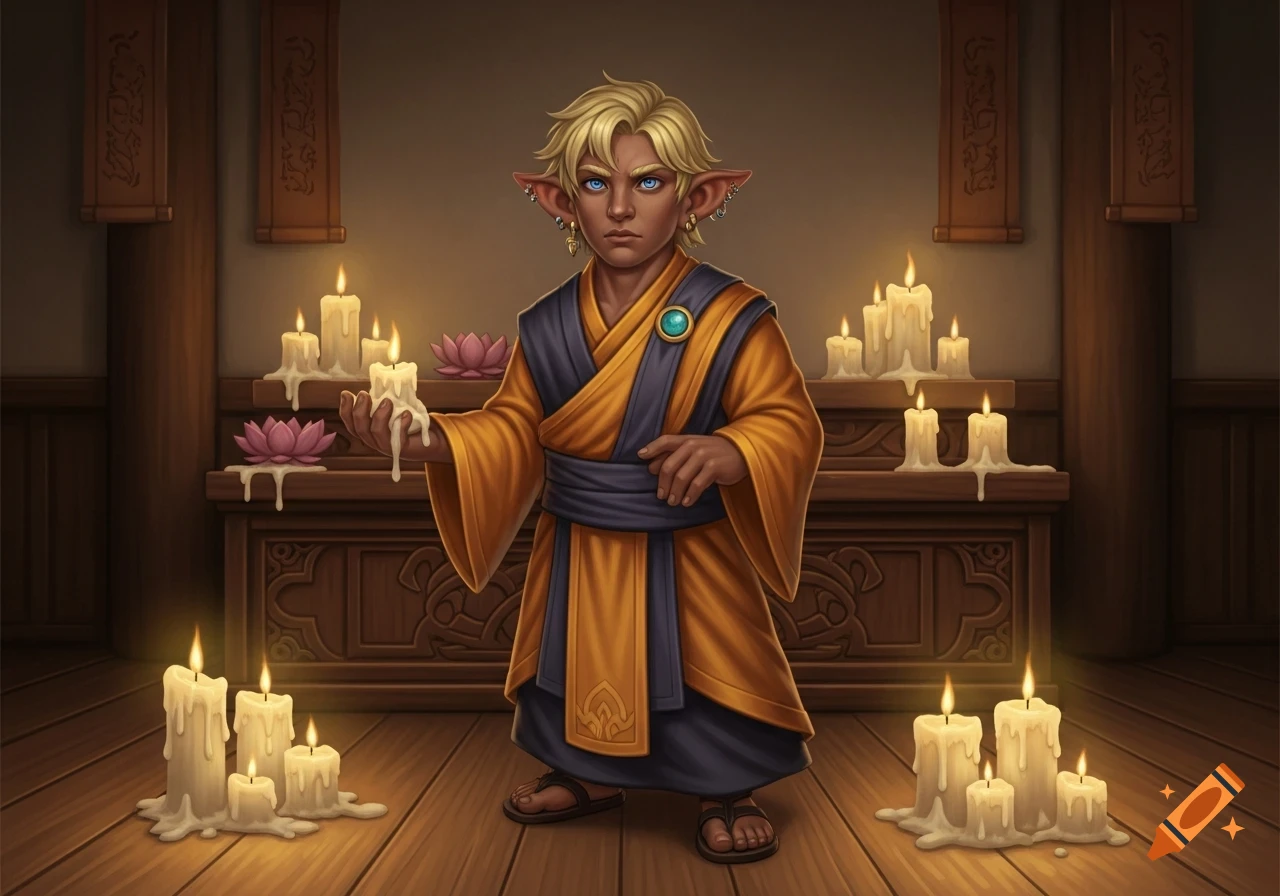 A blonde-haired, blue-eyed halfling in orange and black monk's robes stands among many lit candles and pink lotus flowers.