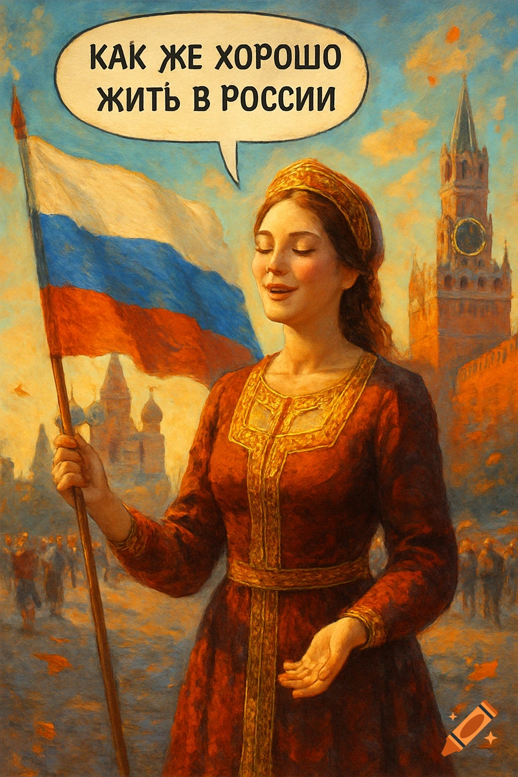 Smiling Russian woman in traditional dress holds a Russian flag, with the Kremlin in the background, in a painterly style. Speech bubble says 'It's so good to live in Russia'.
