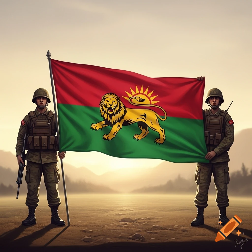 Two soldiers in military uniform stand in a barren field at sunset, holding a large red and green flag with a golden lion and sun emblem.