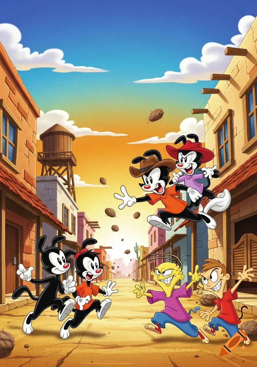 Cartoon characters from Animaniacs and Ed, Edd n Eddy playfully fight with rocks in a dusty desert town at sunset.