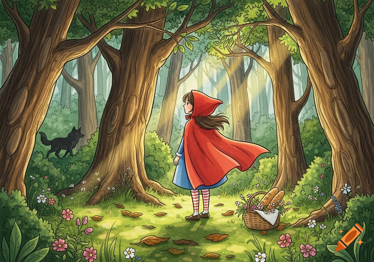 Illustrated Little Red Riding Hood in a red cape walks through a sun-dappled forest, a black wolf hidden in the background.