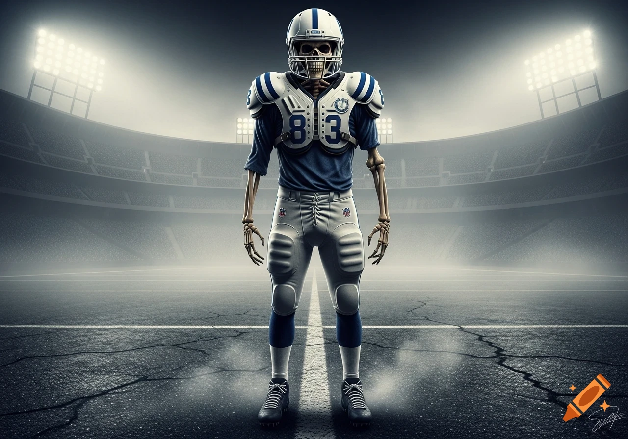 A hyper-realistic skeleton in an Indiana Colts football uniform stands on a stadium field under bright lights.