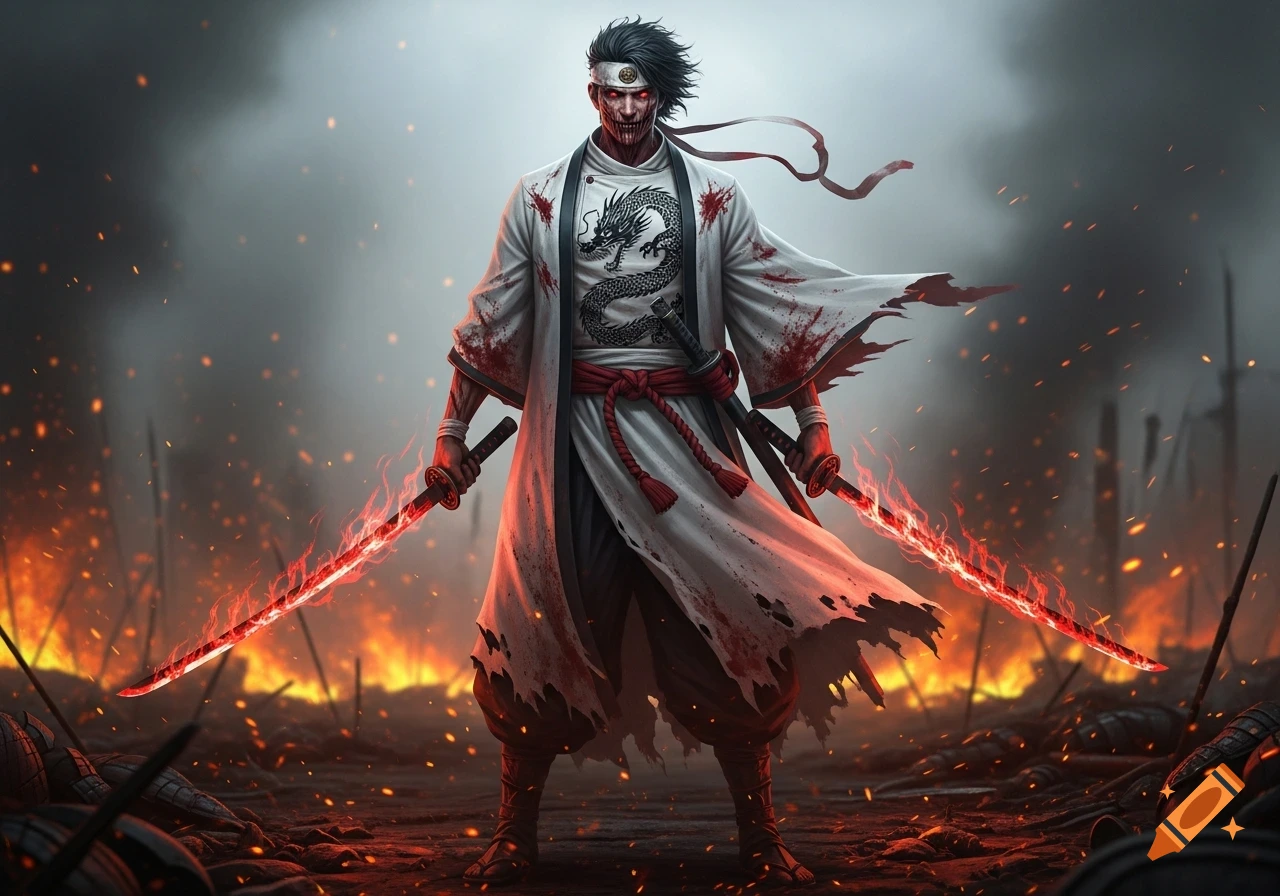 A fierce samurai warrior, Shira, with glowing red eyes and a bloody white robe, stands amid burning ruins holding two flaming katanas. Dark smoke fills the background.