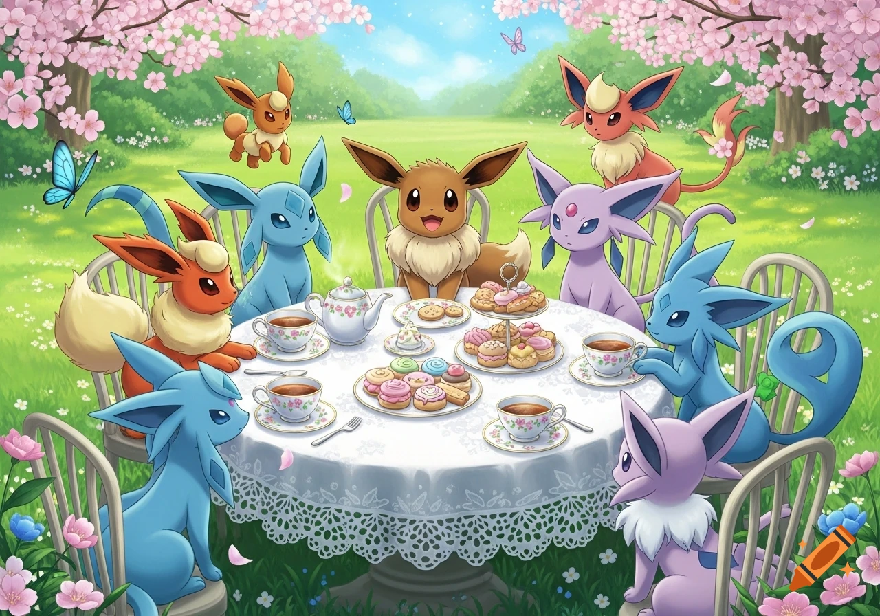 Eevee and its evolutions having a tea party under cherry blossom trees in a vibrant, cartoonish field.