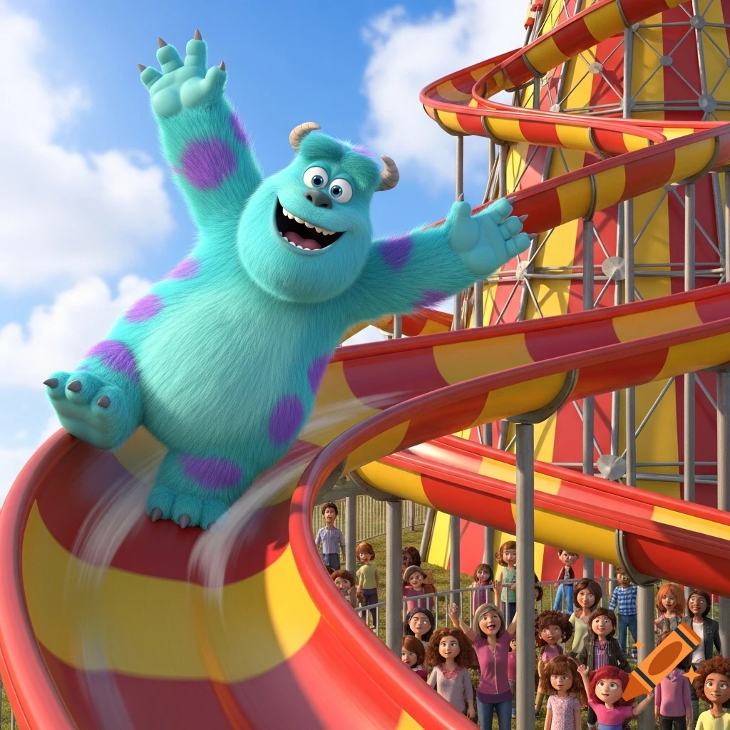 Sully, the blue monster, slides down a red and yellow helter skelter water slide with arms raised as children watch.