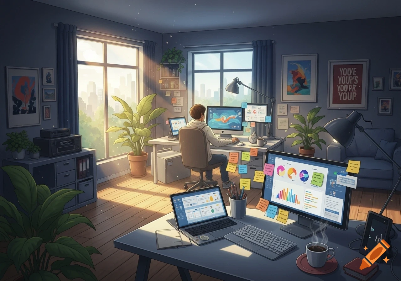 Detailed animated illustration of a freelancer's bright home office with a person working at a desk with multiple monitors, plants, and a city view.