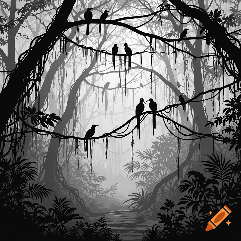 Black and white silhouette illustration of a misty tropical jungle with birds on winding branches and hanging vines.