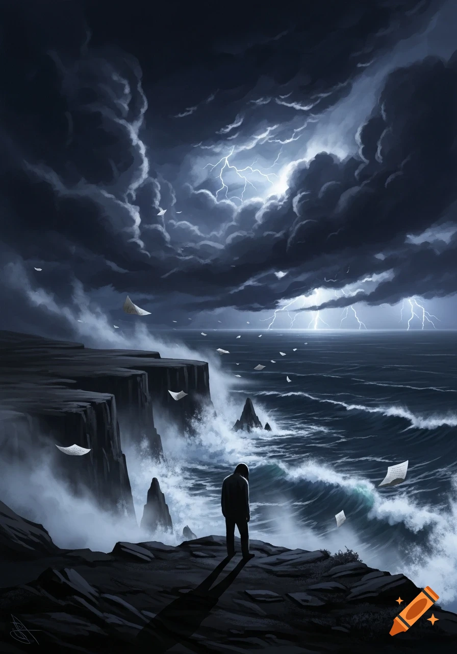 A lone figure stands on a dark, rocky clifftop overlooking a stormy, turbulent ocean with crashing waves and lightning in the sky. Numerous white papers blow chaotically in the wind.