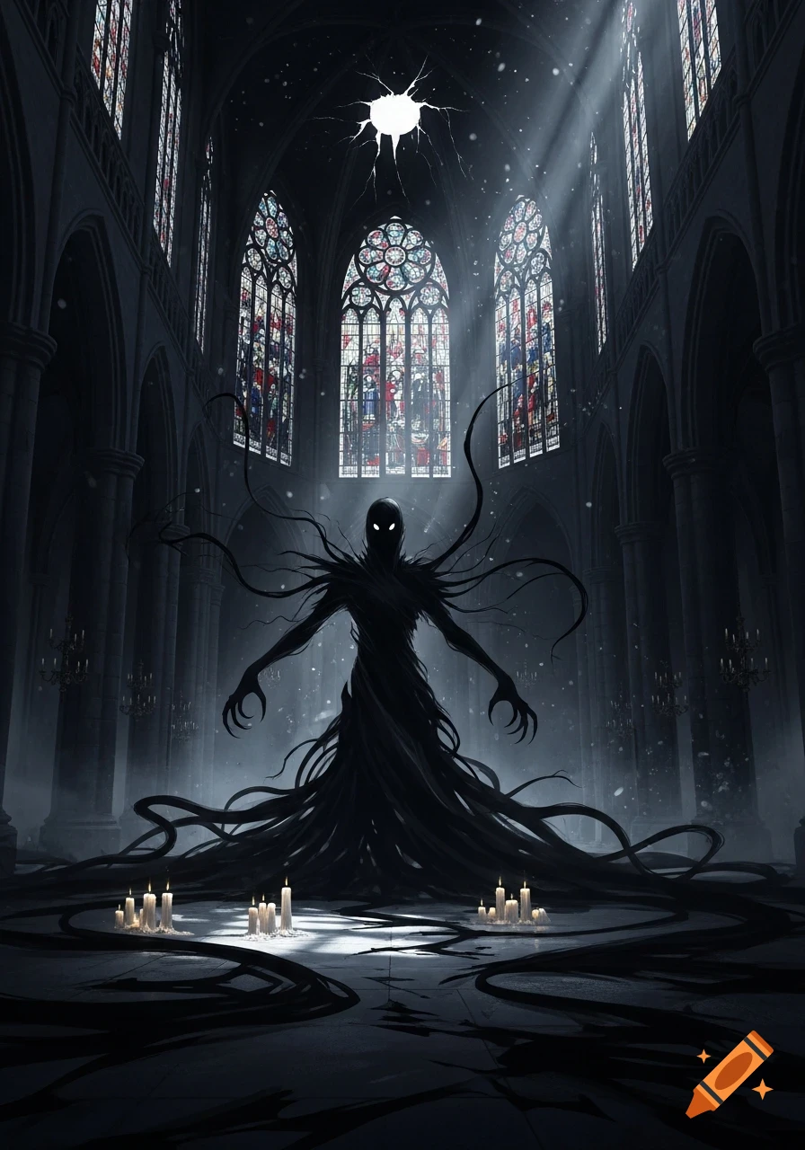 A shadowy, menacing figure with glowing white eyes stands in a dark, gothic cathedral with stained glass windows and candles.