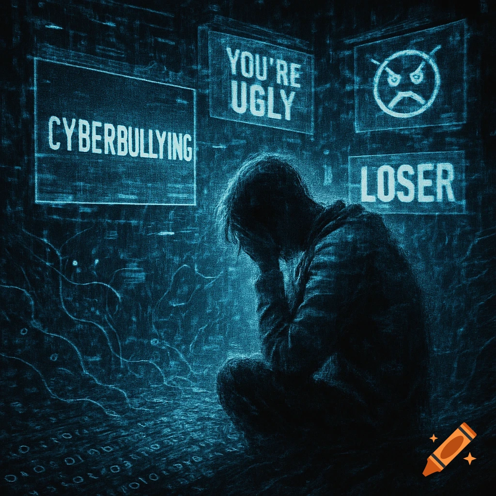 A person hunched over in distress, illuminated by blue light from screens displaying 'CYBERBULLYING', 'YOU'RE UGLY', and 'LOSER', with binary code on the floor, in a stylized digital art style.