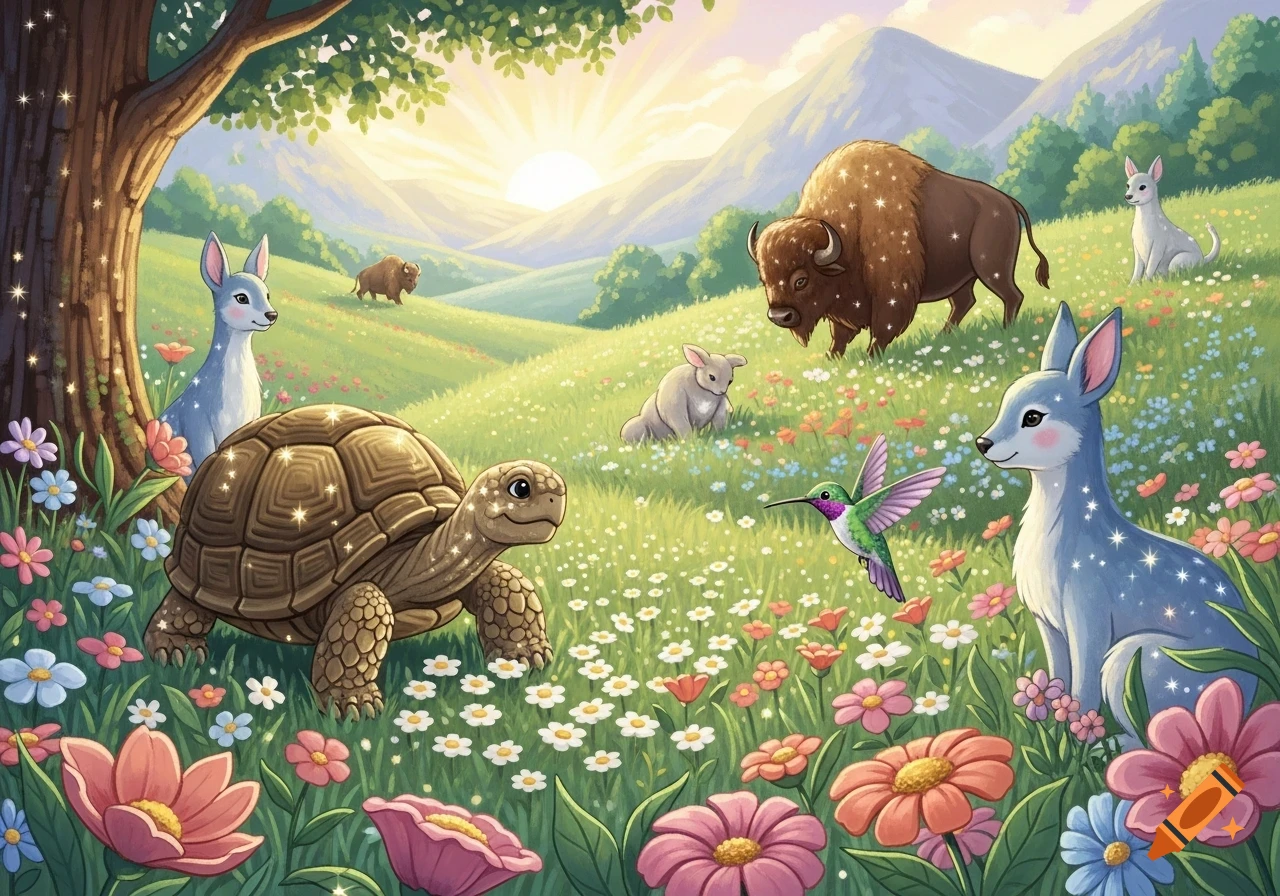 Whimsical children's art of sparkling animals in a lush, flower-filled meadow at sunrise, with a tortoise, bison, deer, and hummingbird.