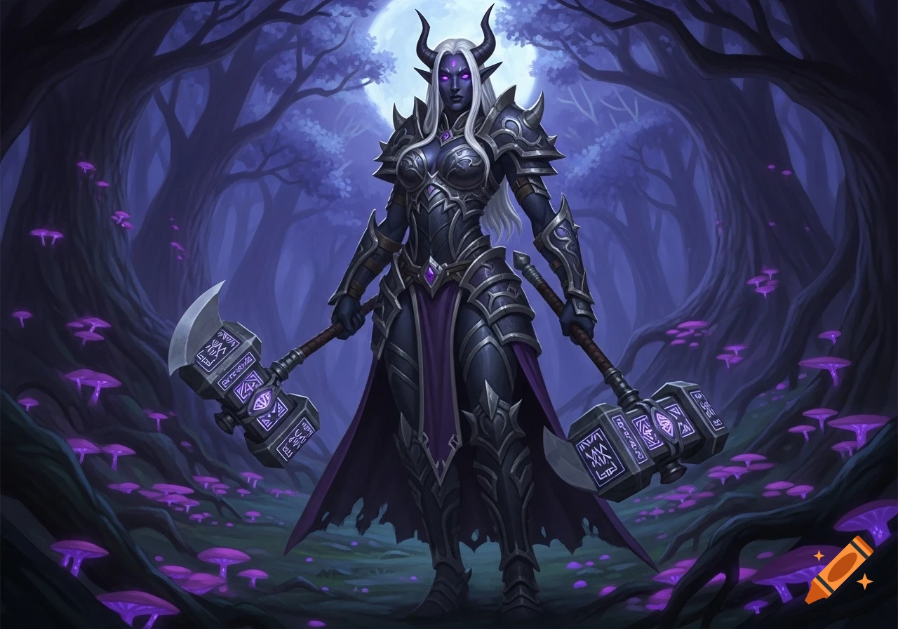 A Drow warrior in dark armor with white hair and purple eyes, dual ...